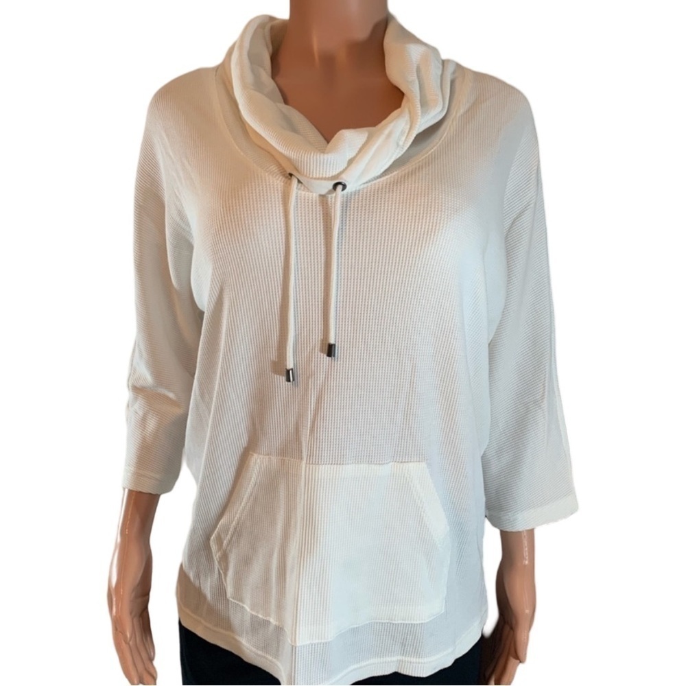 Style & Company white waffle knit three-quarter sleeve cowlneck tunic sweatshirt - Picture 3 of 10